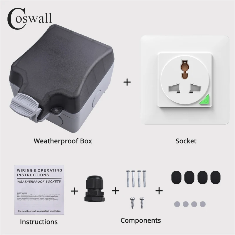 Coswall 범용 3 홀 소켓 투야 와이파이 지그비 타이머 스위치, 전원 모니터링 기능 프로그래밍 가능, 흰색, IP66 방수