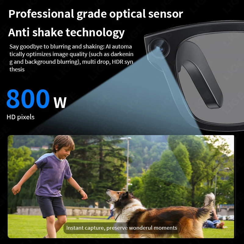 LIGE New Camera Smart Glasses 800W Camera Recording Anti Blue Light AI Recognition Translation Sunglasses Lenses 300mAh Battery