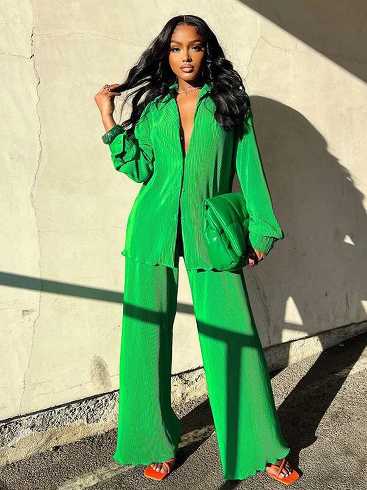 Elegant Ruched Two Piece Sets Womens Outifits Fashion Y2k Casual Suits Full Sleeve Shirt Tops and Wide Leg Long Pants Sweatsuit