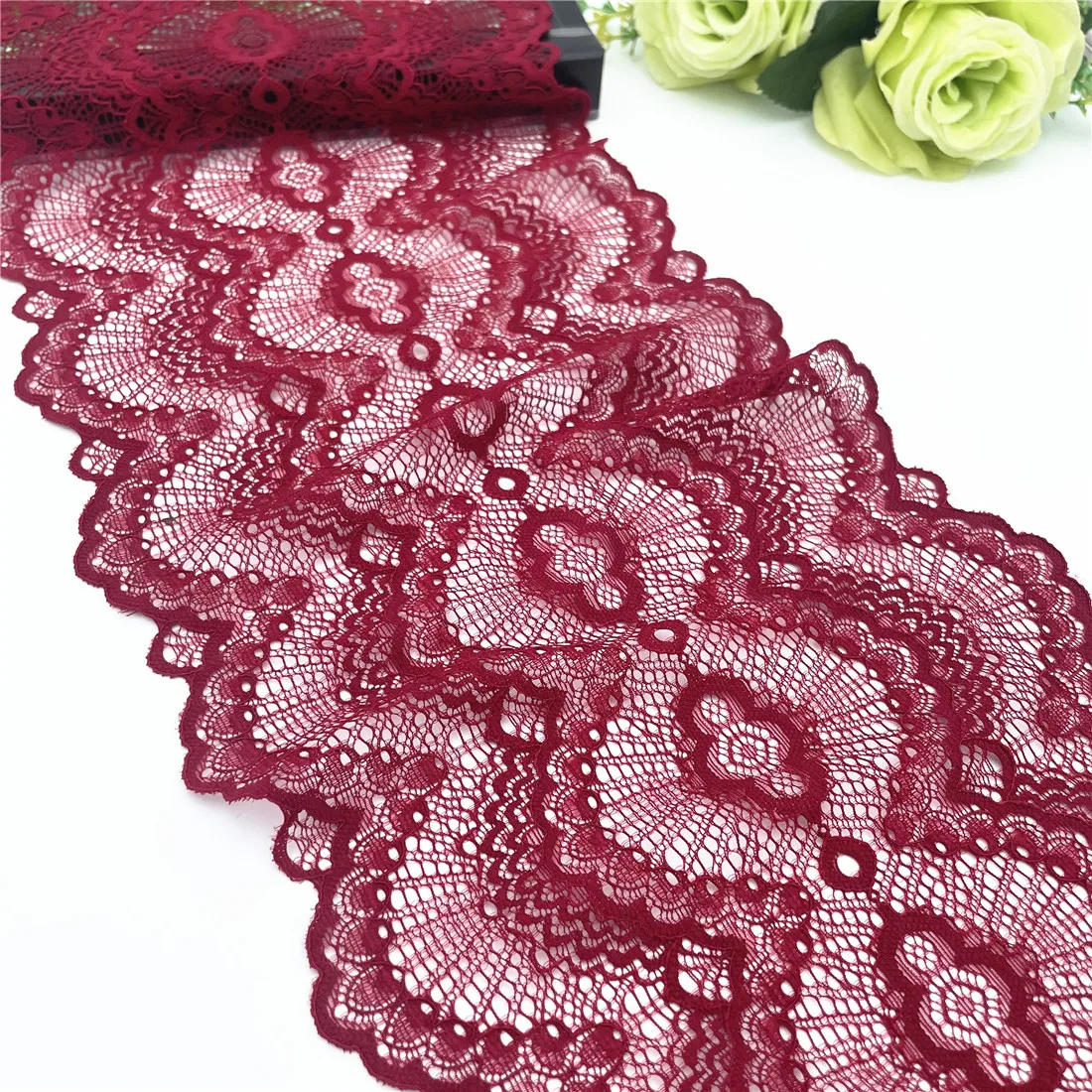 3y/lot Width 20.50cm Dark Red Elastic Stretch Lace Trim 3