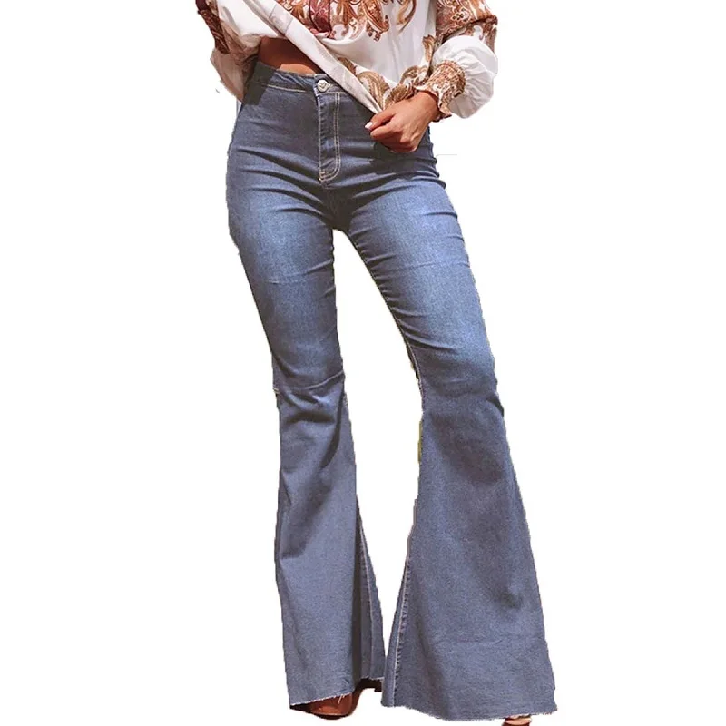 Women Spring Elastic High Waisted Blue Black Jeans Flare Pants Loose Summer Full Length Mom Jeans Pants Vintage Denim Trousers