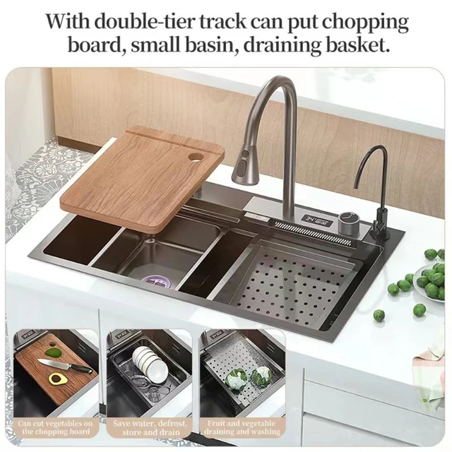 Fregadero de cocina de cascada con pantalla Digital de una sola ranura,  grifo grande de acero inoxidable 304, para el hogar - AliExpress