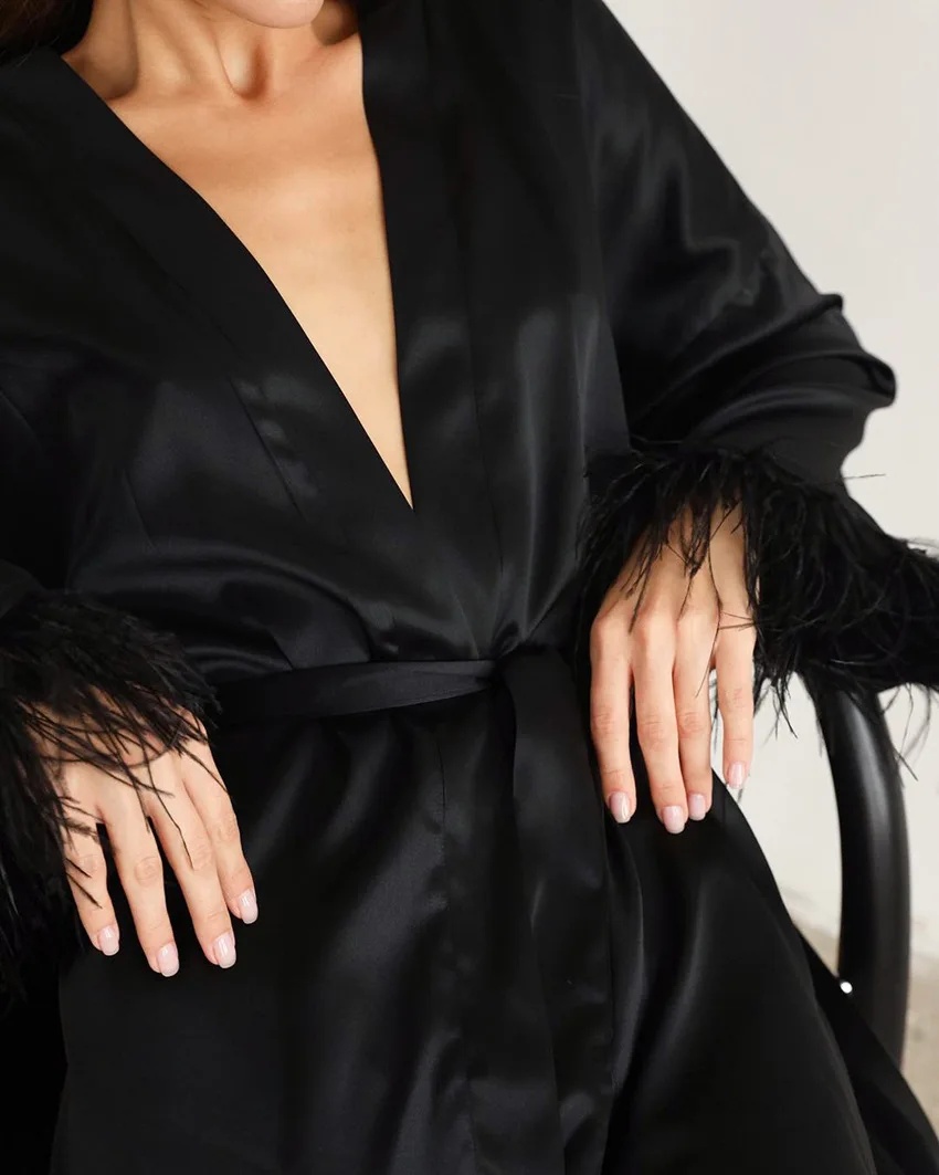 White Feather Robe With Fur Full Sleeves Sleepwear Satin Robes For Women Nightgown Bride Robe Gown Dress Bathrobe Female