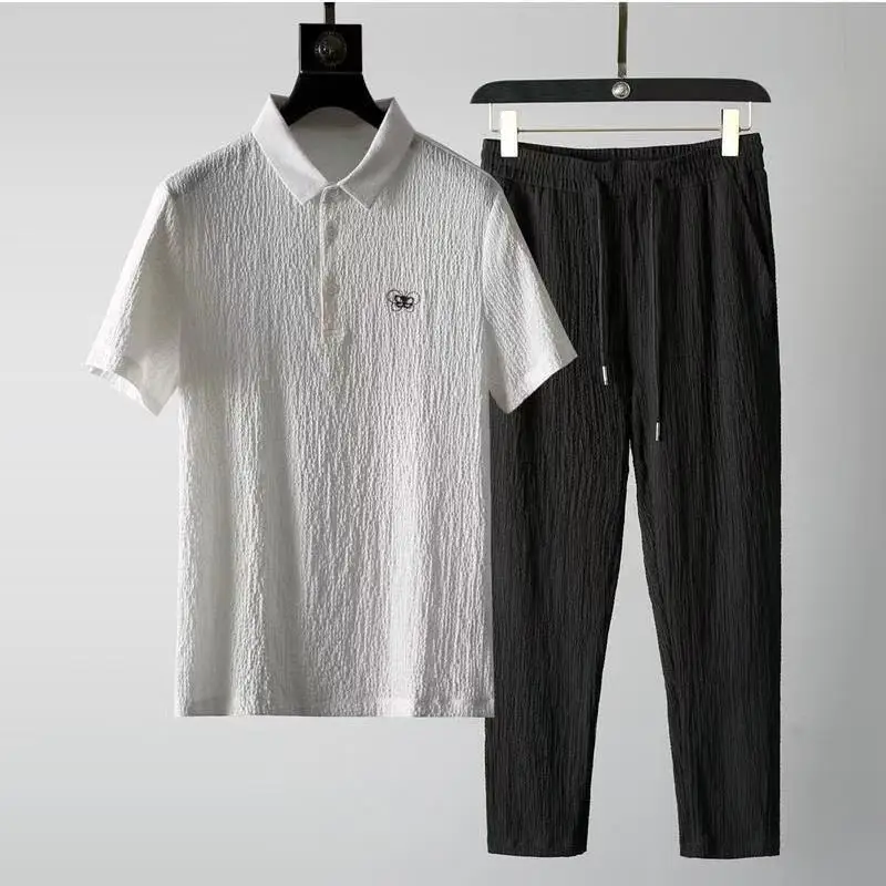 Clothes for men Summer Casual Simple Printed Embroidered Set Short-sleeved Trousers Thin Breathable Fashion Two-piece Set