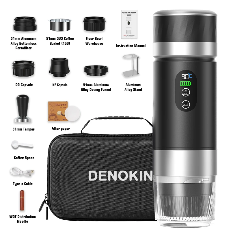 デノキン 3-in-1 ポータブルエスプレッソコーヒーマシン デジタルディスプレイ搭載 車載・家庭用 キャンプ用コーヒーメーカー 取り外し可能なバッテリー付き