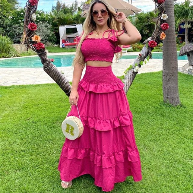 2 Piece Skirt Sets African Dresses For Women 2023 New Summer Solid Sleeveless Suspender Tops High Waist Skirt Fashion Cake Skirt