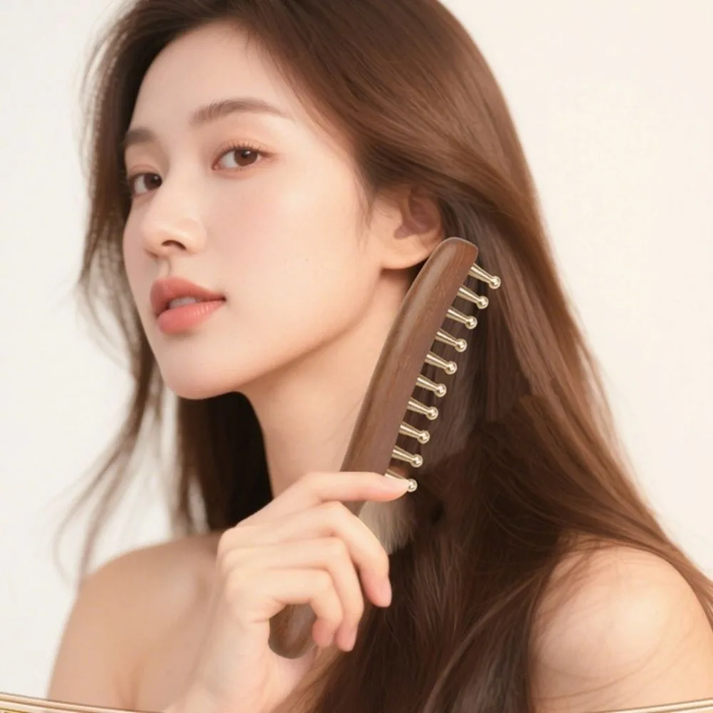 Durable Scalp Relax Tools Head Meridians Massage Comb Copper Needling Guasha Meridians Comb Long Hair Wooden Head Meridian Comb