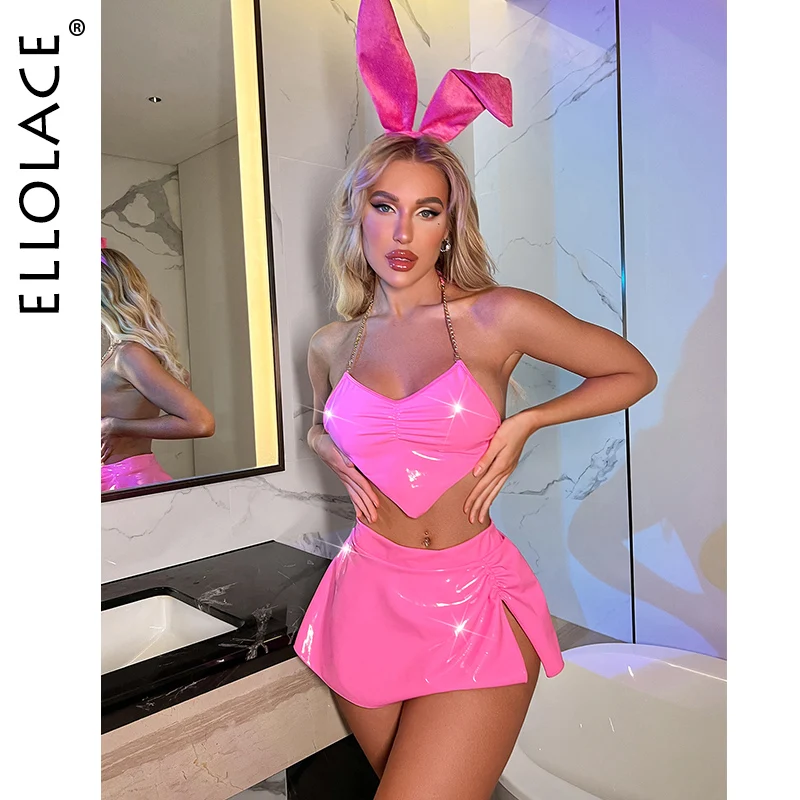 Women Lingerie 3-Piece Bunny Outfit Ellolace Latex Neon Pink Underwear women lingerie