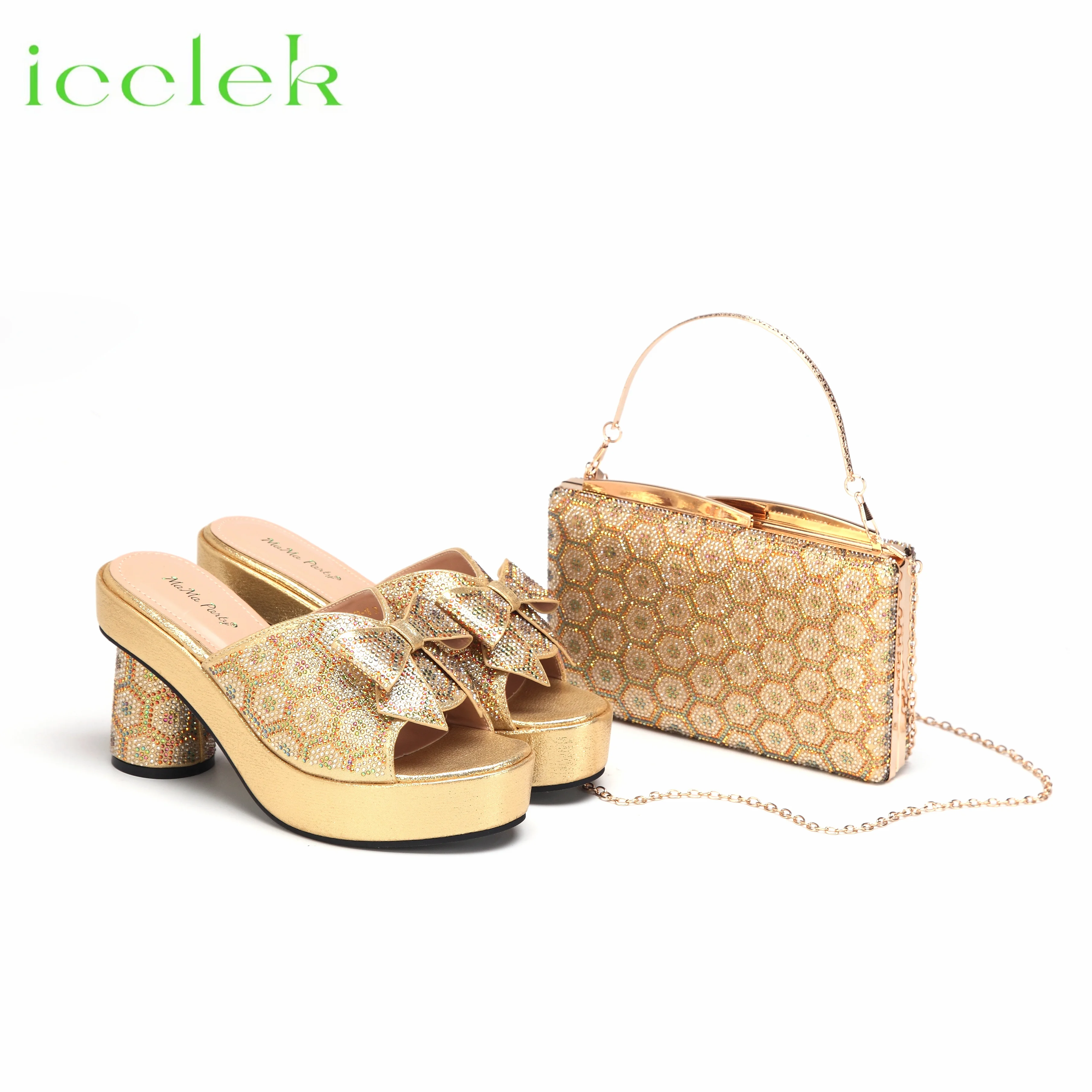 

Gold Italian Design Fashion Crystal Slippers Nigeria Africa Popular Shoes Matching Bag Set Casual Versatile Round Heels Pumps