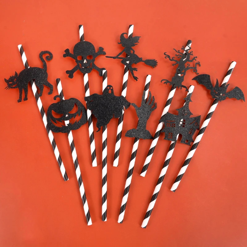 

9/18pcs Halloween Black Paper Straws Pumpkin Cat Bat Skull Witch Pattern Drinking Straws Happy Halloween Party Home Bar Supplies