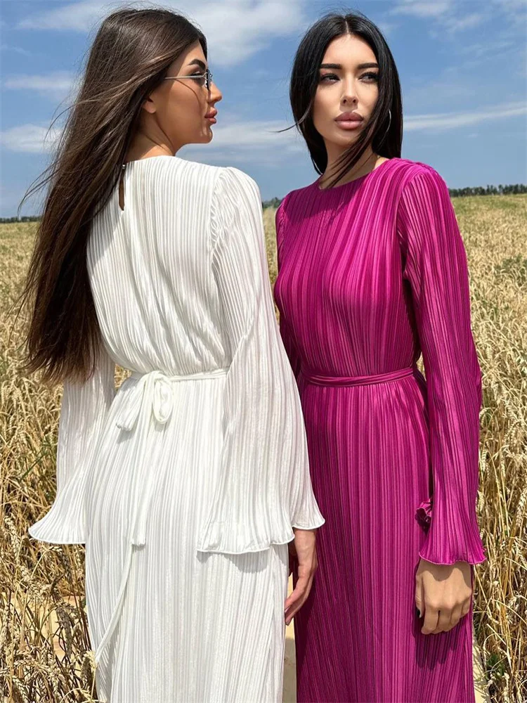 Vestido largo acanalado con volantes y cordones para mujer, manga larga, cintura alta, elegante, para fiesta, otoño, estilo vendaje