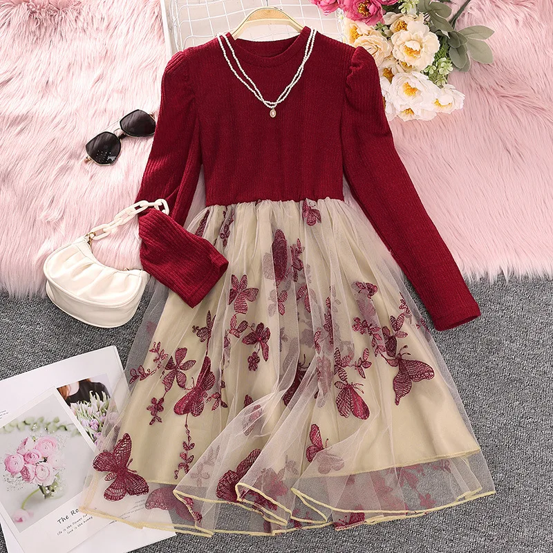 

Spring Autumn Retro Style Girls Dress Embroidery Butterfly Pattern Splicing Mesh Princess Dress For 7-12Y Girls Fashion Dress