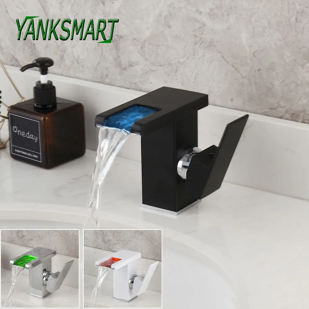 

YANKSMART LED смеситель для ванной комнаты Водопад с одной ручкой смеситель для раковины водопроводный кран RGB Изменение цвета питание от потока воды