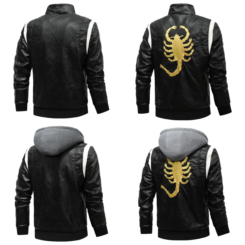 2023 European and American large-sized men's PU leather jacket, standing collar knitted hooded   new Korean version