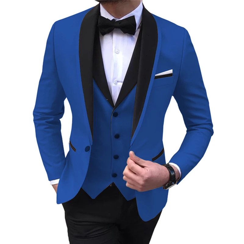 Men Business 3 Pcs Suits Set Coat Trousers Male Slim Wedding Groomsmen Colorblock Blazers Jacket Pants Vest