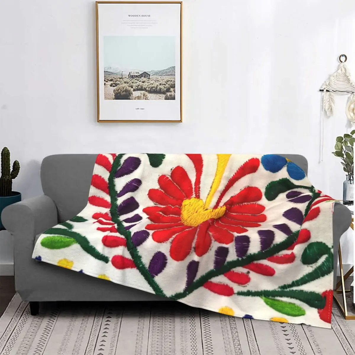 Mexican Flowers Art Blankets Warm Flannel Textile Embroidery Throw