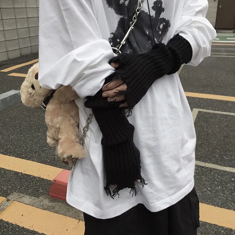 New 1Pair Punk Broken Slit Gothic Unisex Glove Fingerless Cuff Ninja Sport Hole Mitten Cool Women Men Hollow Out Rock Gloves