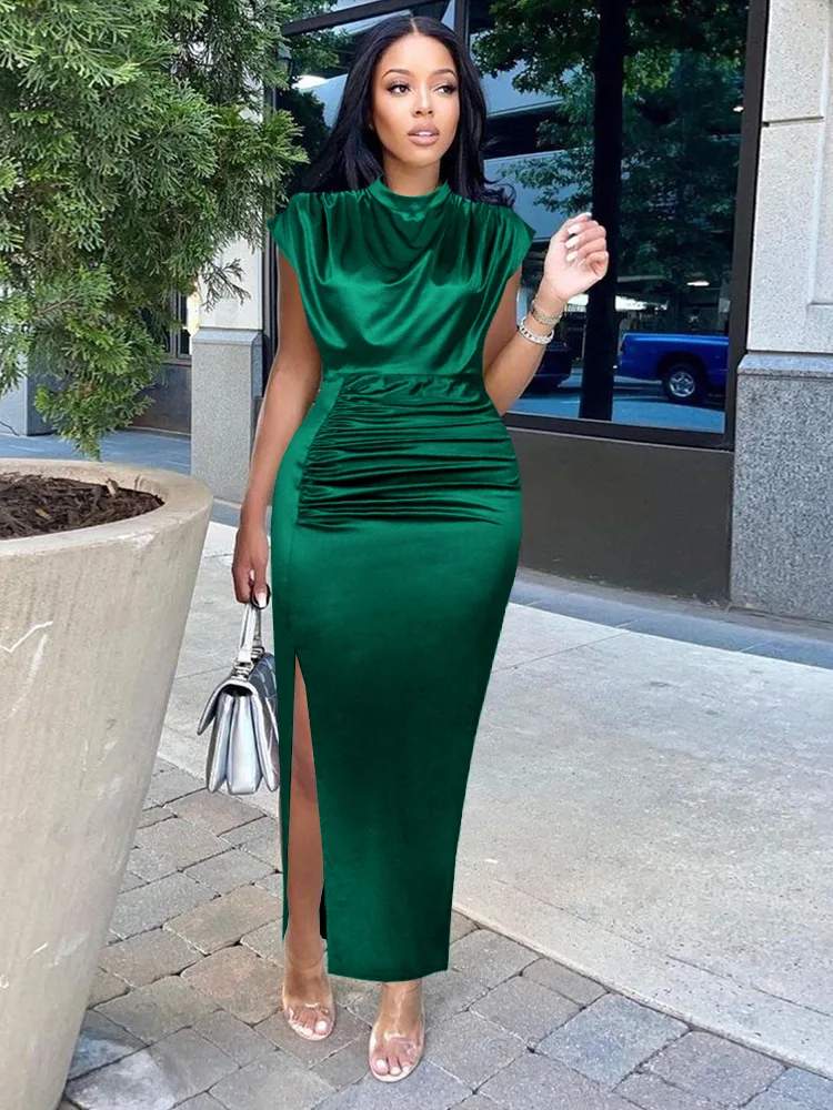 HBLL Satin Long Dress Women Party Pleated Bodycon Elegant