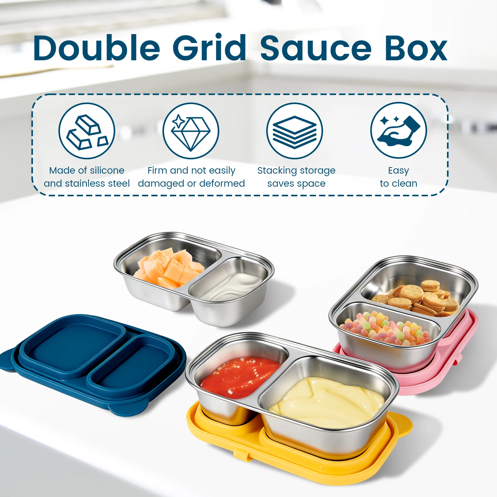 3/4Pcs Snack Container Stainless Steel Sauce Box with Silicone Lid 150/420ml 2 Compartment Food Storage Box Portable Dip Case