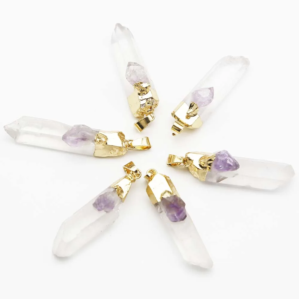 Natural Raw Stone White Crystal Pillar Six Prism Gold Plated Pendant Irregular Amethyst Necklace Charms Jewelry Accessories 8Pcs