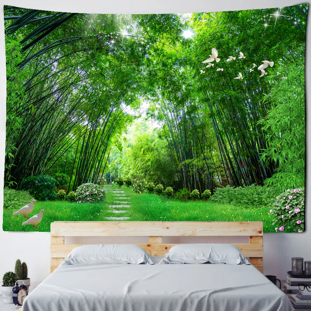 Bamboo Forest Flying Pigeon Path Tapestry Wall Hanging Hippie Tapiz Psychedelic Mystery Simple Natural Home Decor