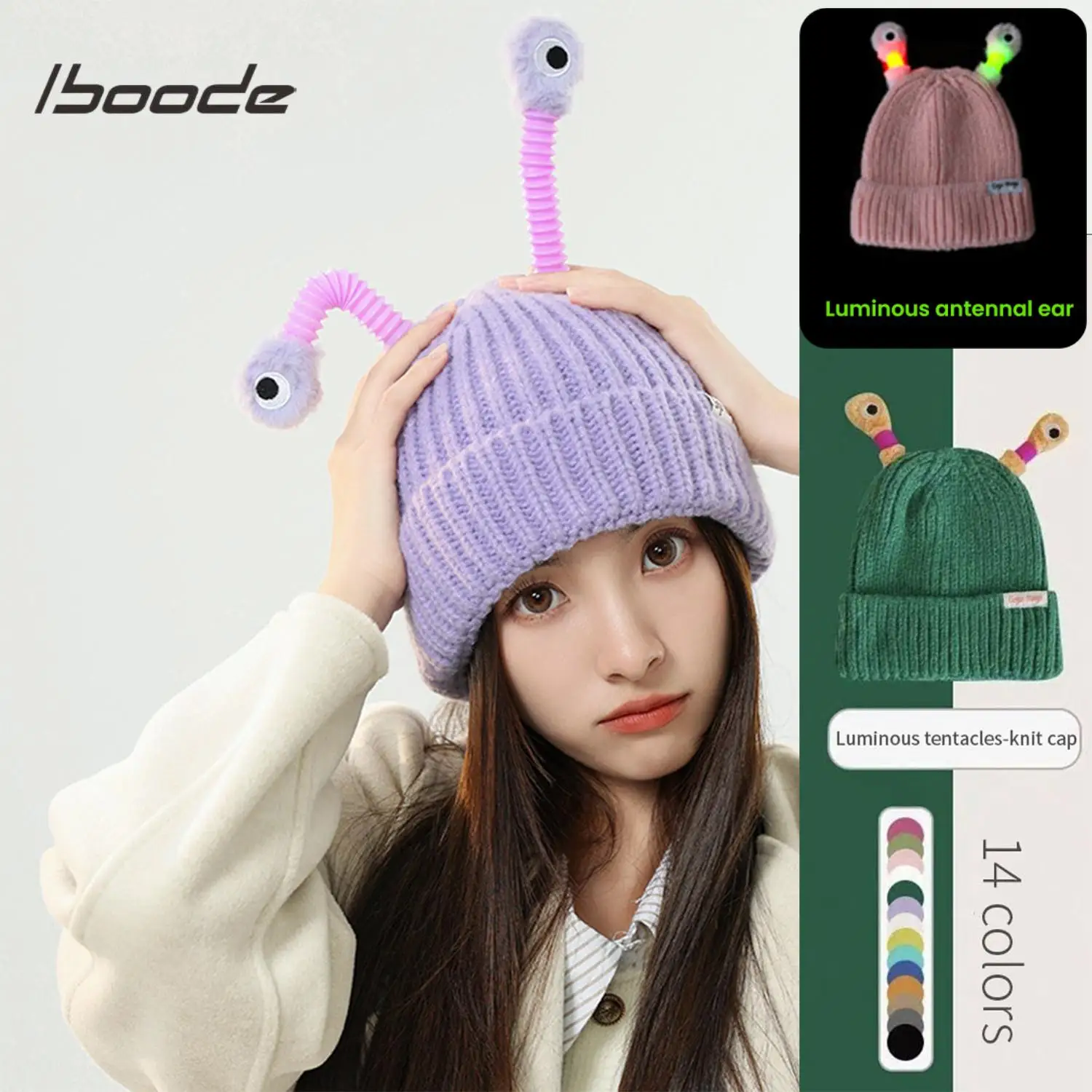 

Funny LED Light Little Monster Eyes Hat For Women Beanie Cute Glowing Cartoon Antenna Winter Fashion Warm Knitted Woolen Hat