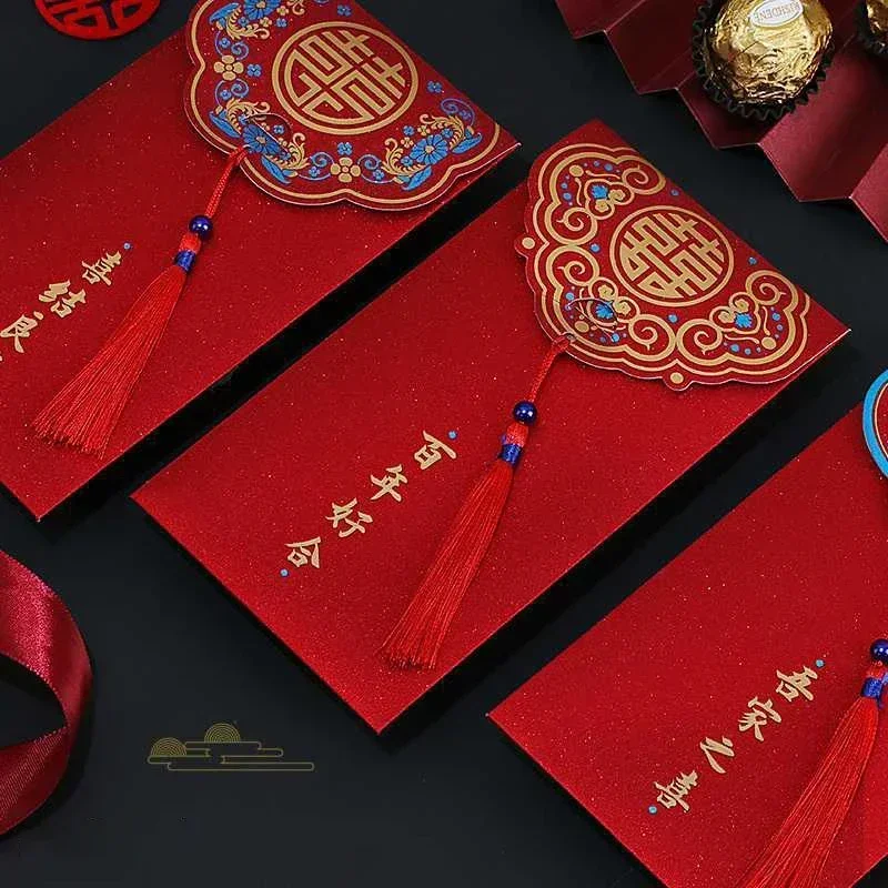 5pcs Red Wedding Mini Envelopes with Tassel Chinese Lucky Money Cash Bag Paper Envelopes Blessing Pocket Hongbao Gifts Packaging