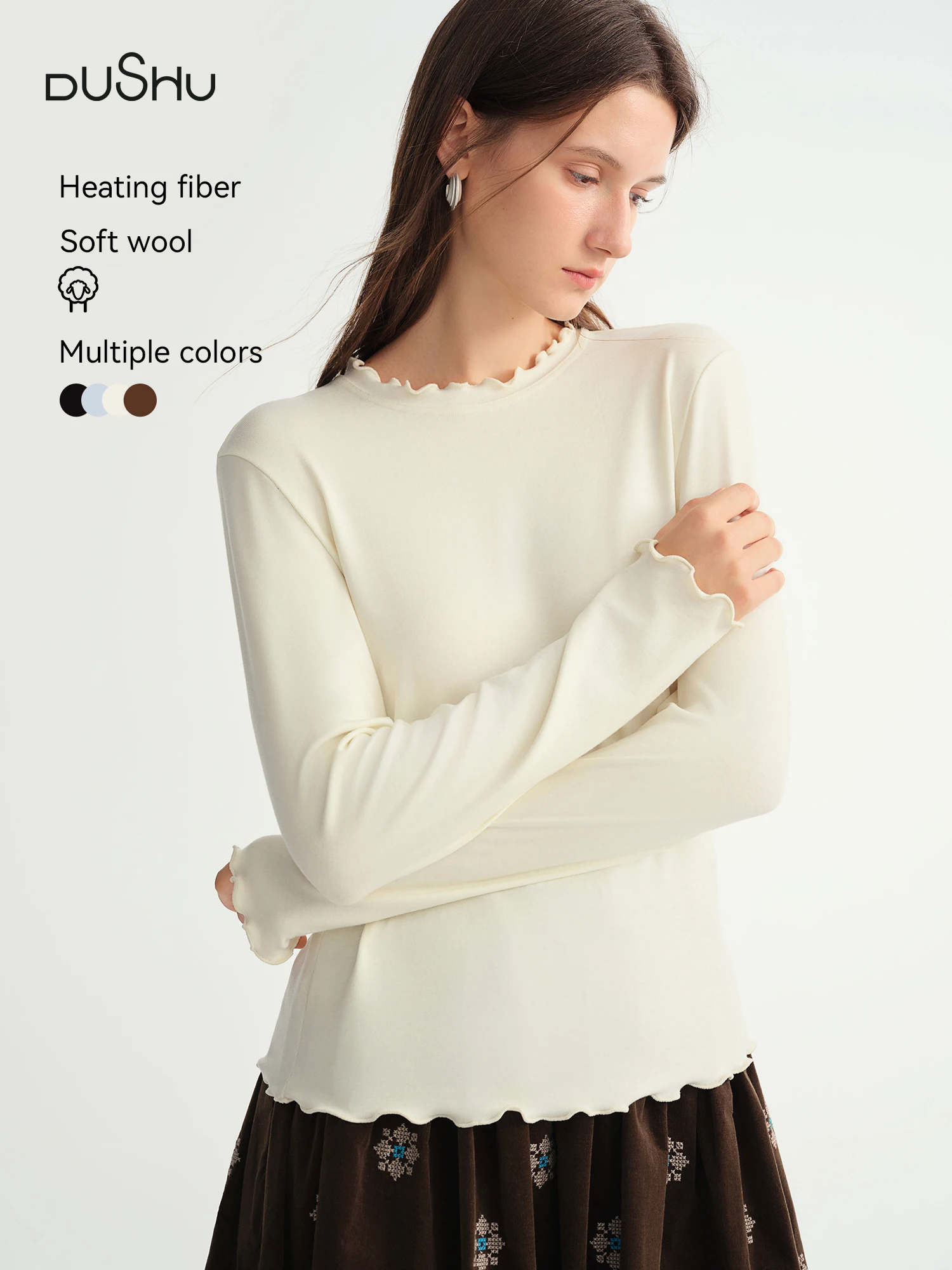 DUSHU Selbstheizende Woll-T-Shirts, halbhoher Kragen, weicher Strick, langes Bralette für Damen, Herbst-Winter, kurvige, einfarbige Pullover