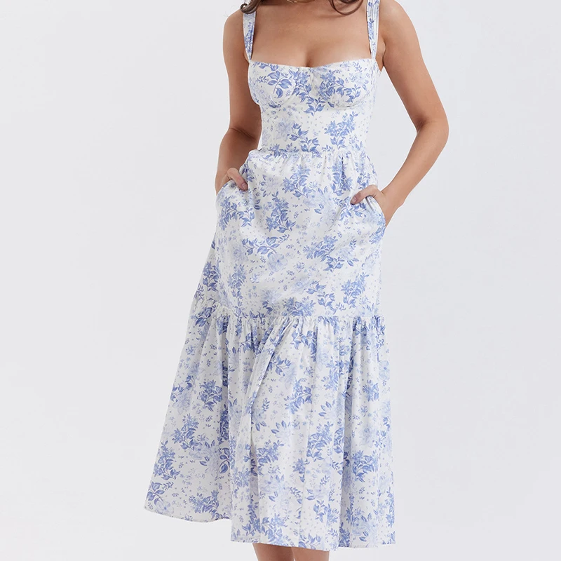 

Sexy Off Shoulder Sleeveless Strap Party Dress Women Elegant Floral Print Pleated Long Dress Fashion Backless Bohe Beach Dresses