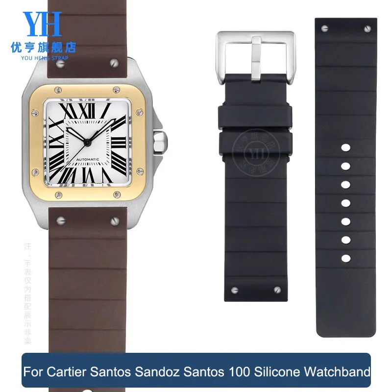 

23mm Rubber Watch Strap Black Brown Grey For Cartier Santos Sandoz Santos 100 Men's Women's Silicone Watchband