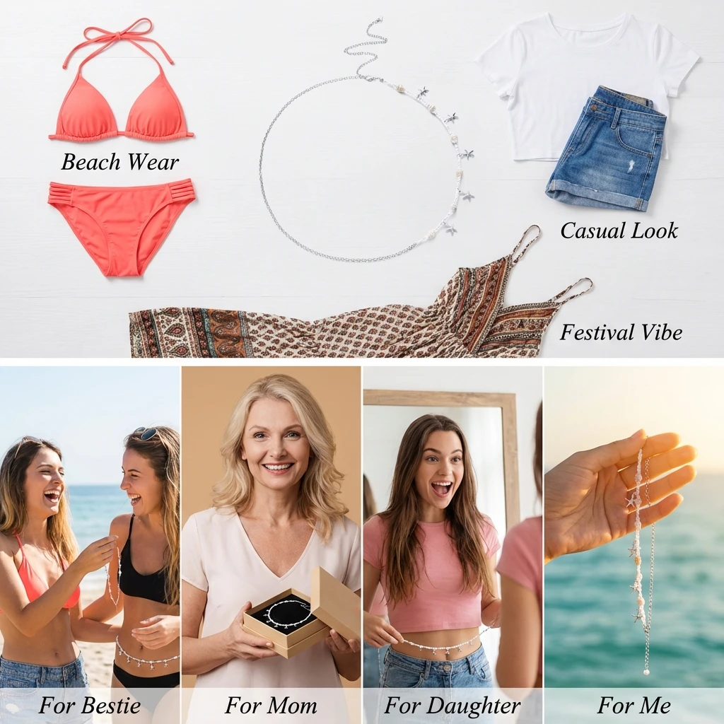 Minimalistische silberfarbene Seestern-Reisperlen-Taillenkette für Damen – Sommerliche Metall-Muschel-Imitationsperlen-Bauchkette als Körperschmuck – Detail 2