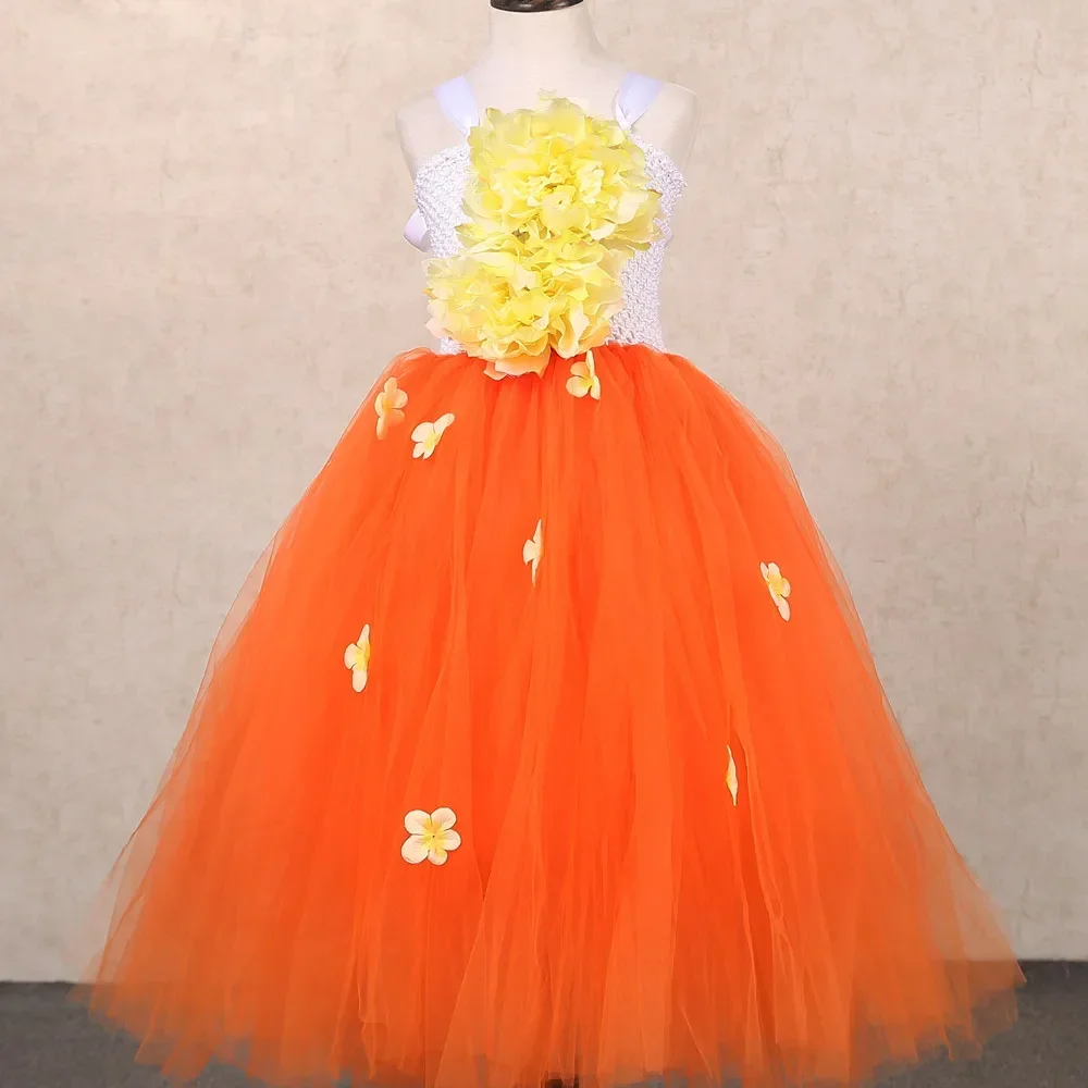 thumbnail image 1 of Vestido de tul con flores para niñas, color verde, naranja y rosa, para desfiles de cumpleaños, fiestas de princesas, bodas y niñas, 1 of 5