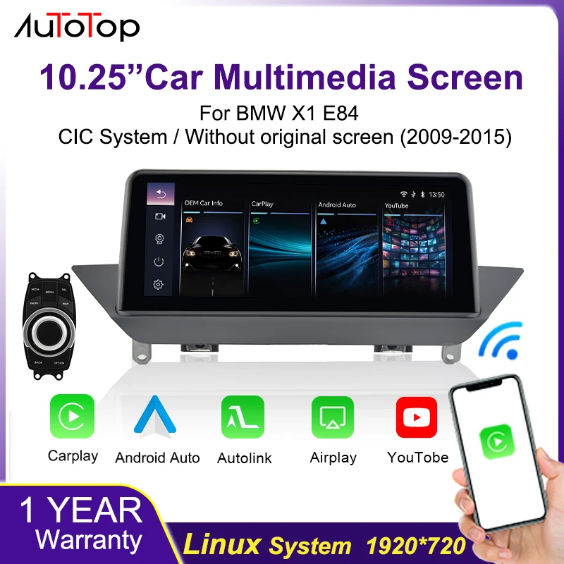 AUTOTOP 10,25 Zoll Linux Wireless Carplay Android Auto Touchscreen Autoradio für BMW X1 E84 2009-2015 CIC-System/ohne Werksbildschirm Youtube WiFi