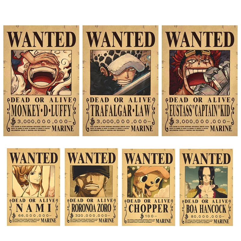 Nuovo Anime One Piece Luffy 3 Miliardi Di Bounty Wanted Poster Quattro Imperatori Kid Action Figure Vintage Decorazione Della Parete Poster Giocattoli