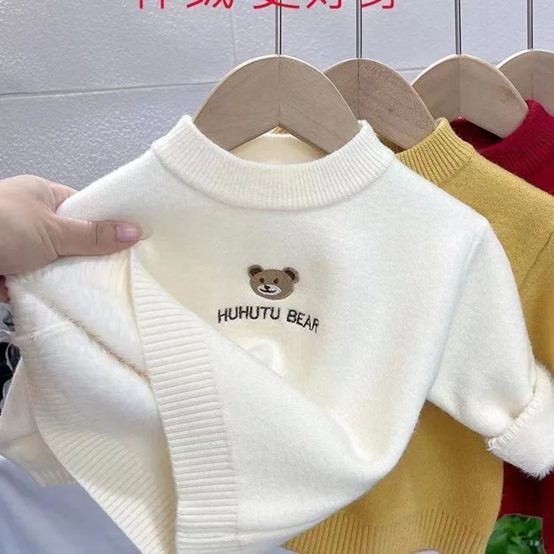 Childrens One Piece Plush Baby Sweater New Embroidered Half High Collar Autumn Winter Pullover For Boys And Girls With Bottom