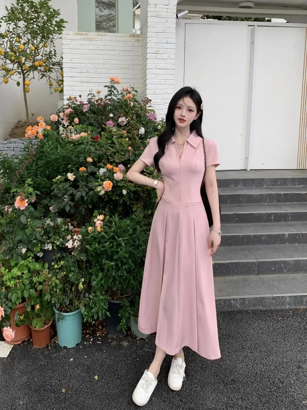 Summer New Casual Slim Solid Dresses for Women Sporty Turn-down Collor A-line Korean Chic Streetwear Simple Vestidos Mujer