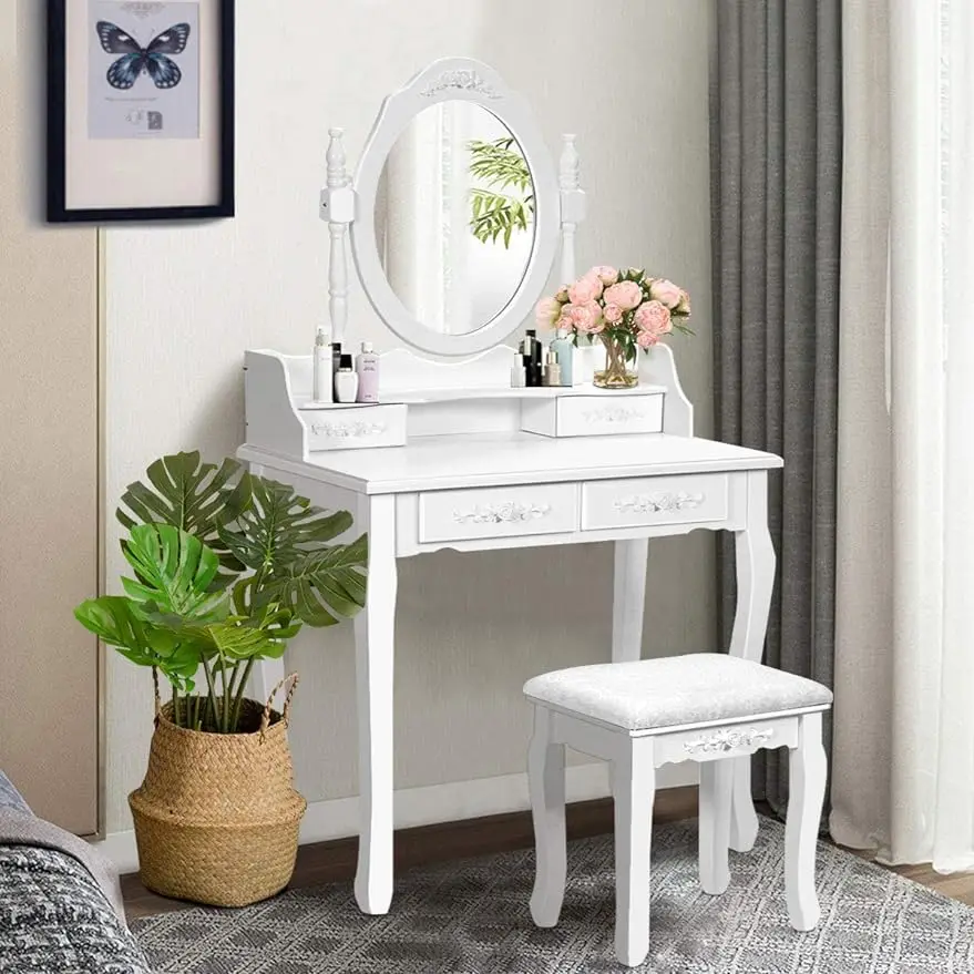 

Набор для туалетного столика Giantex с овальным зеркалом и 4 ящиками, деревянный туалетный столик для макияжа с мягкой подставкой, верхнее съемное письмо