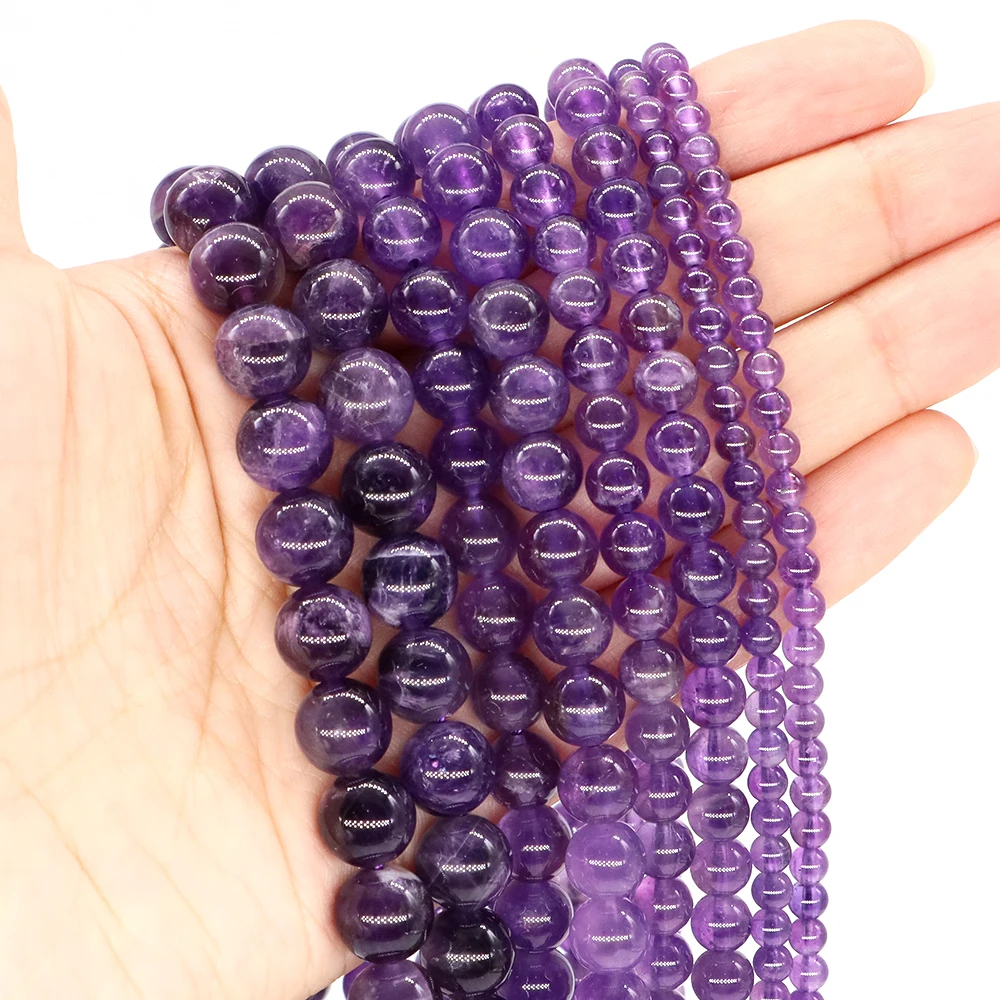 4/6/8/10mm 자수정 비즈 천연석 힐링 크리스탈 라운드 루즈 스페이서 젬 비즈 쥬얼리 제작 DIY 팔찌 액세서리