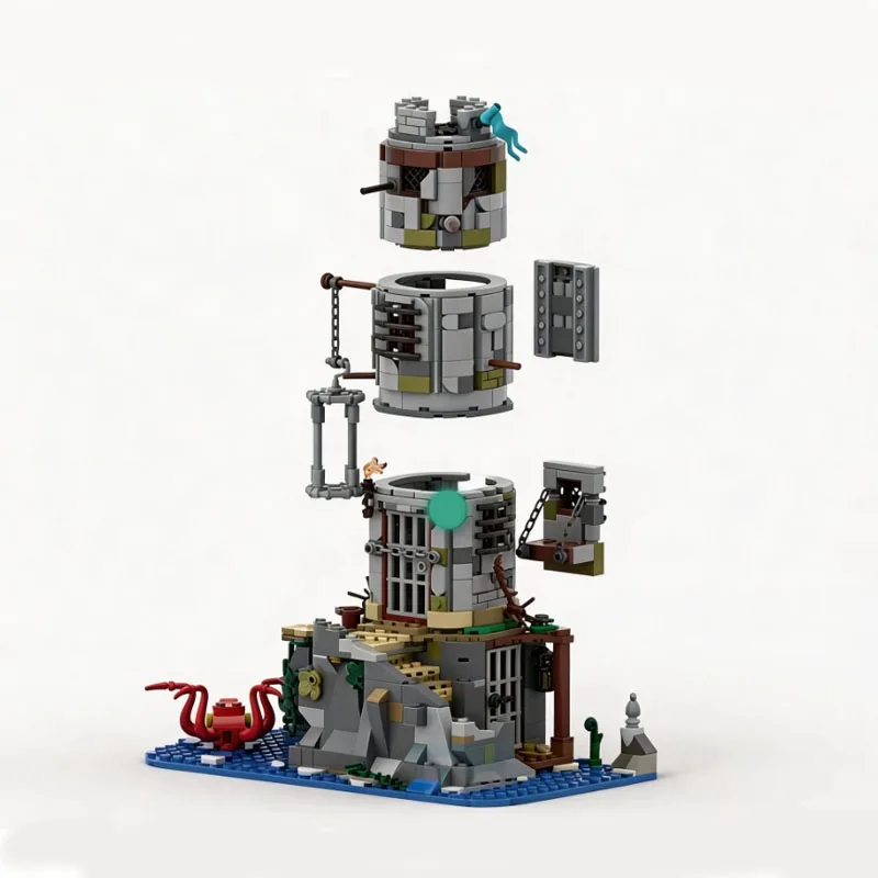 966개 맞춤형 MOC 중세 성 감옥 타워 모델 빌딩 DIY 블록 브릭 조립 장난감 어린이를 위한 인기 휴일 선물