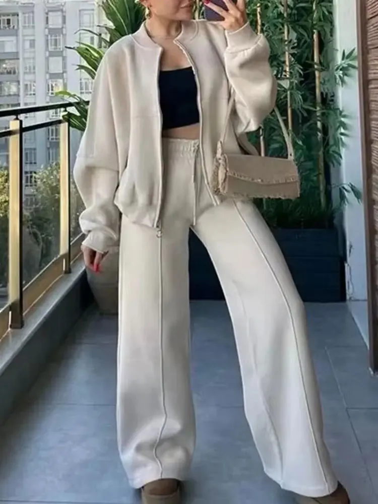 HH Bomber Jacket Pant Sets For Women Casual Long Sleeve Zipper Coat Vintage Solid Sweatshirt Outfits Autumn Woman Streetwear