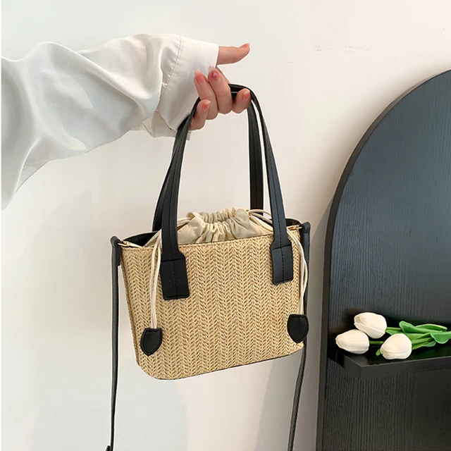 Knit Straw Bucket Tote - Woven Beach Travel Bag with Wrist Handle