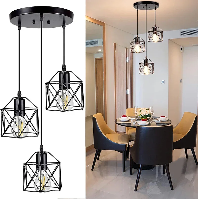 

Подвесной светильник в стиле индастриал, регулируемая светодиодная лампа для потолка, металлическая клетка, подвесное освещение для островка, обеденной комнаты