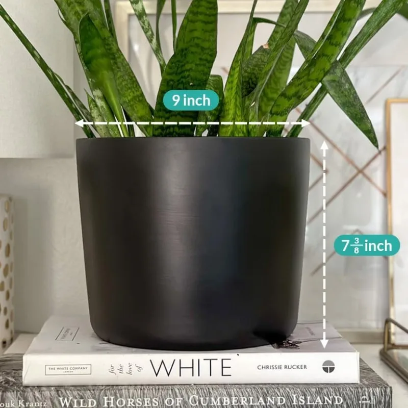 9 Inch Ceramic Plant Pot - Matte White with Gold Stripes - Drainage Plug Included 6
