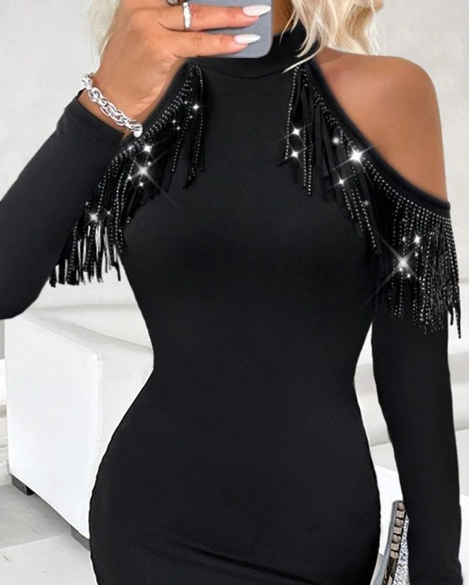 Elegant Party Women Dresses Hip Wrap 2023 New Style Long Sleeves Tassel Design Sexy Slim Cold Shoulder Bodycon Dress long sleeve wrap hip sexy halter mini dresses club night party dress elegant backless bodycon dress 2021 autumn