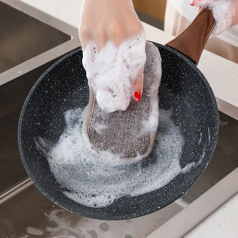 5Pcs Super Absorbent Microfiber Double Sided Scrub Sponge for Dishwashing Kitchen Bathroom Clean Cloth Eraser 2