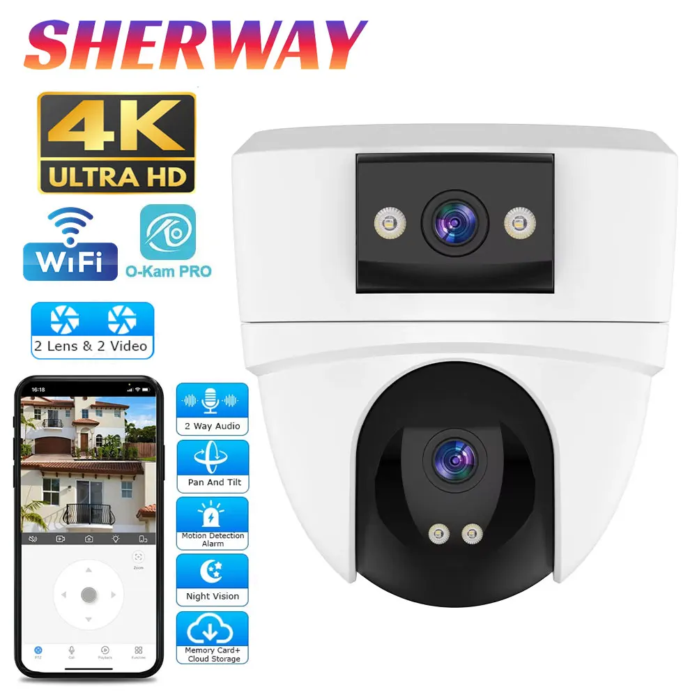 4K 8MP Wifi 카메라 PTZ 야외 듀얼 스크린 인간 감지 듀얼 렌즈 무선 보안 보호 IP 카메라 오디오 O-Kam Pro