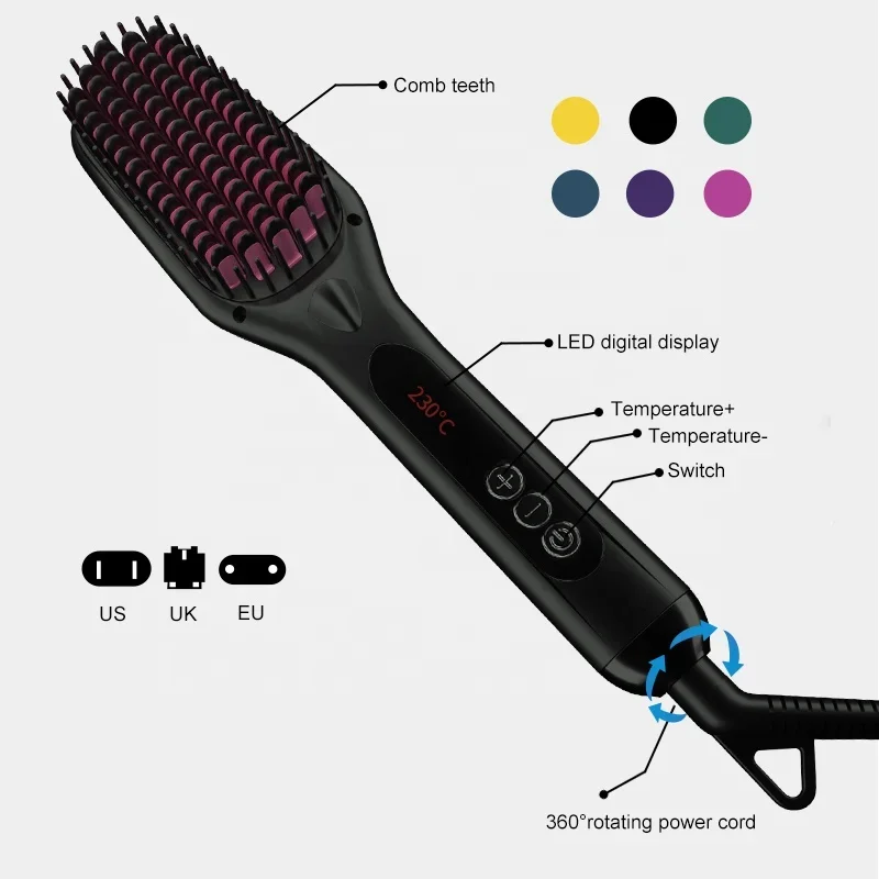 LED Negative Ion Straight Hair Straightener Brush Hot Electric Beard Straightener Comb PA46 Colors