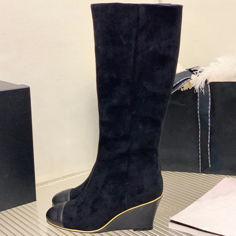 

Autumn Wedges Long Boots Female New Not Grinding Feet Height Increasing Straight Boots Advanced Sense Round Head Ladies Shoes
