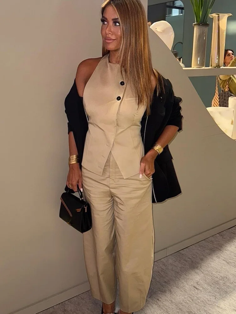 HH Autumn Women Fashion Pants Suit Backless Hanging Neck Collar Sleeveless Top+Loose Belt Straight High Waist Zipper Trousers 4