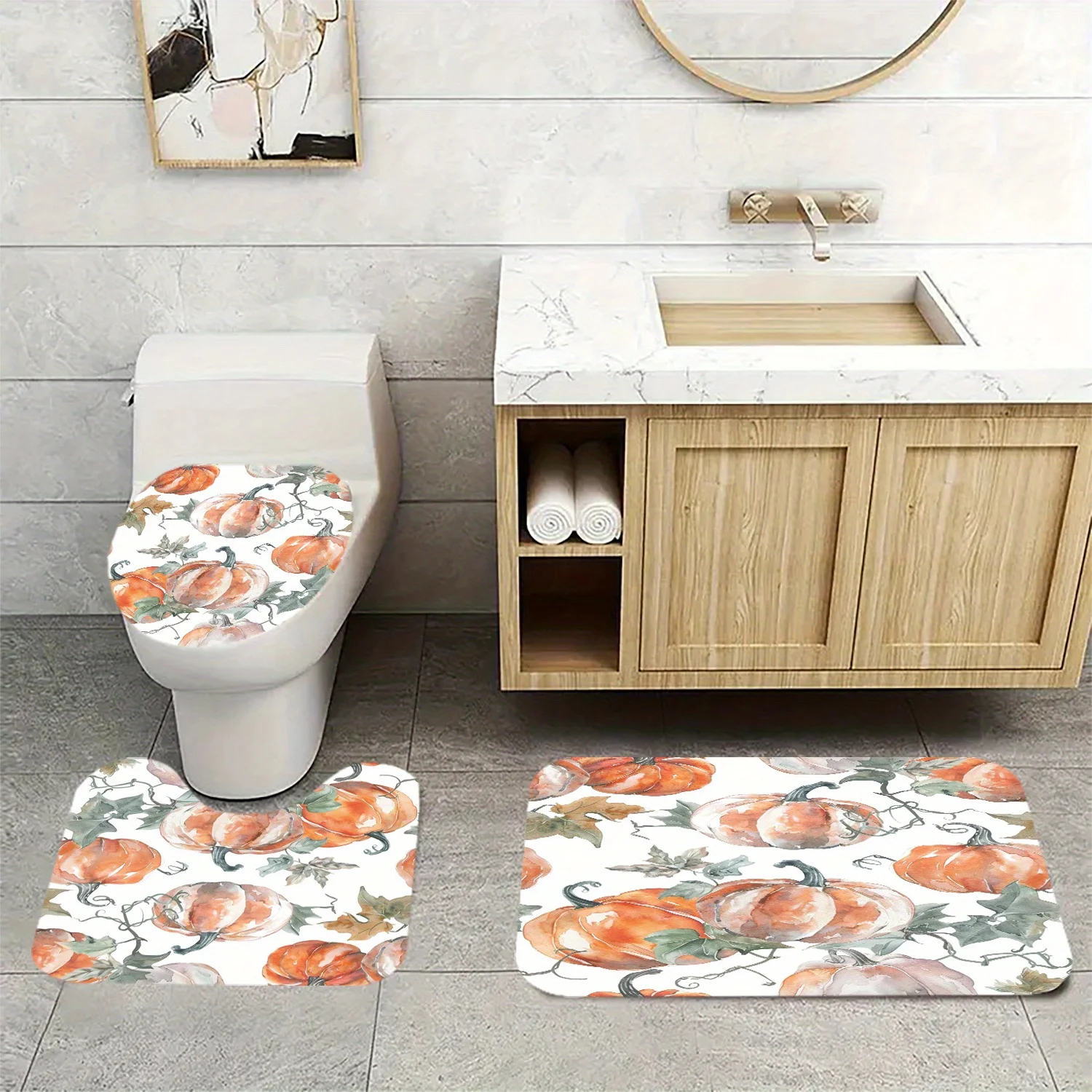 골드 호박 프린트 3팩 - 미끄럼 방지 매트, U자형 매트, 변기 커버 - 폴리에스테르 원단, 세탁기 사용 가능